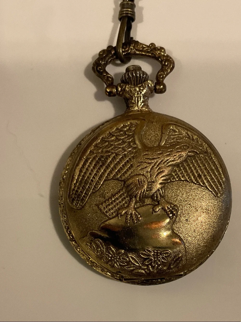 Antique-Style Pocket Watch Pendant with Chain in Aged Gold